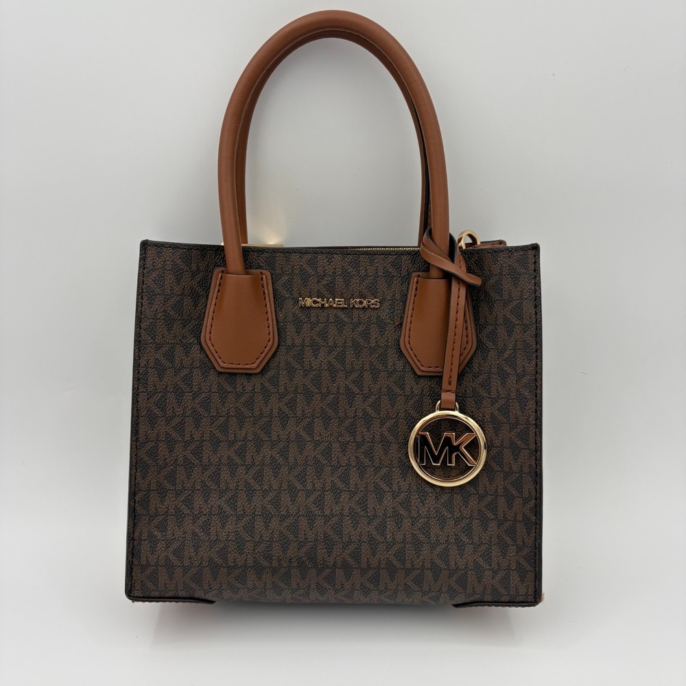 Michael Kors Brown Acorn Monogram Mercer Small Satchel Tote Bag Gold